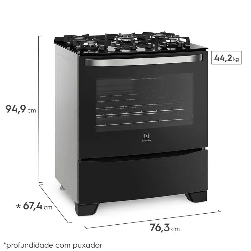 Fogão 5 Bocas Electrolux Automático com Mesa de Vidro e Tripla Chama (76GS) – Bivolt